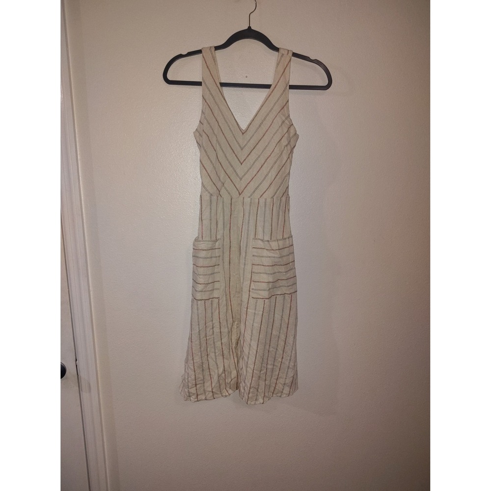 Monteau Los Angeles XS Cream Striped V-Neck Smocked Back Midi Dress Pockets